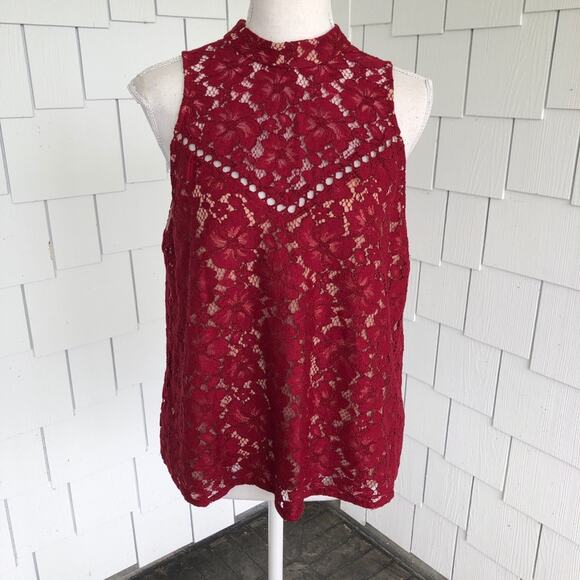 WAYF Women's Garnet Lace Overlay Sleeveless High Neck Portrait Blouse sz M - Picture 1 of 6